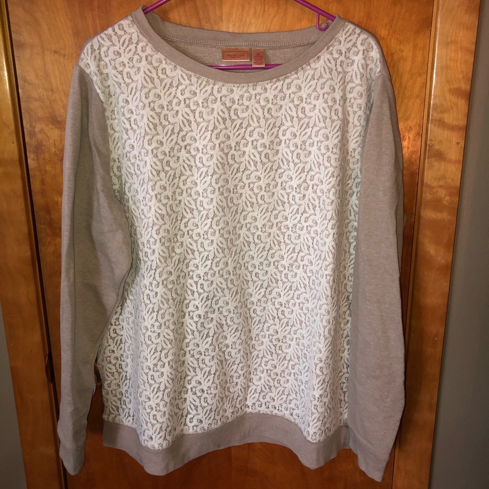 Tan with white lace front casual sweater